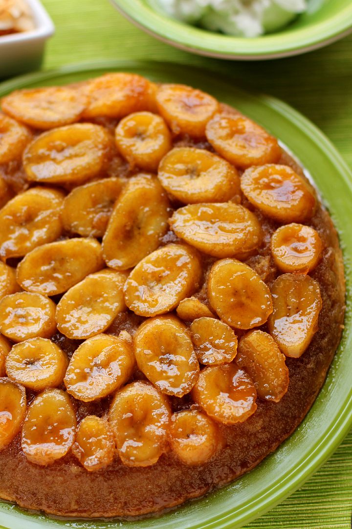 CARAMELIZED BANANA UPSIDE-DOWN COCONUT CAKE WITH COCONUT WHIPPED CREAM