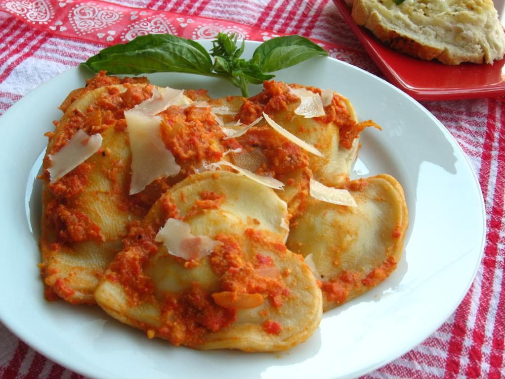 billion cheese ravioli with red pepper pancetta sauce