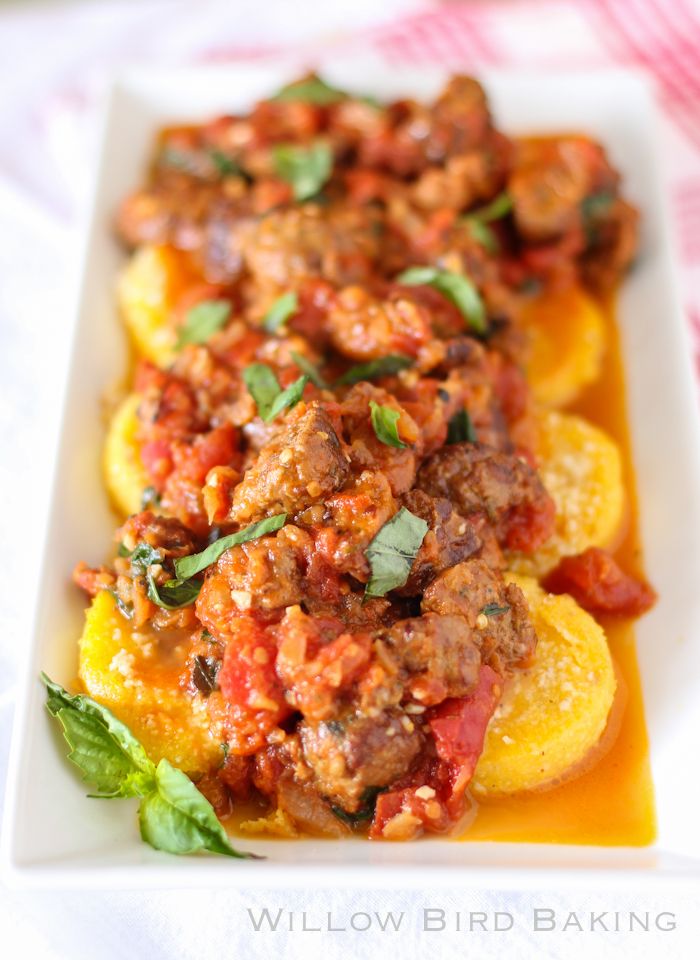 Hot Sausage & Tomatoes Over Fried Polenta