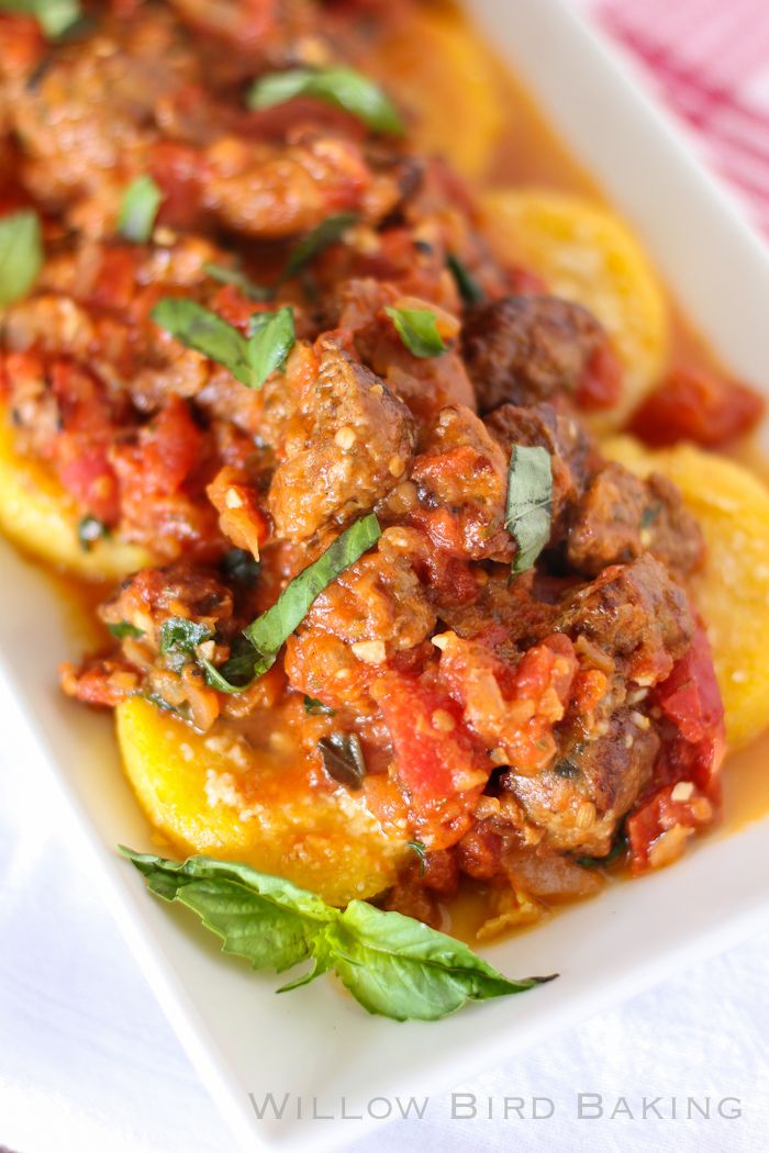 Hot Sausage & Tomatoes Over Fried Polenta