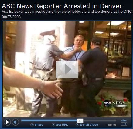 ABC reporter Asa Eslocker arrested for photographing Democrats from a public sidewalk.