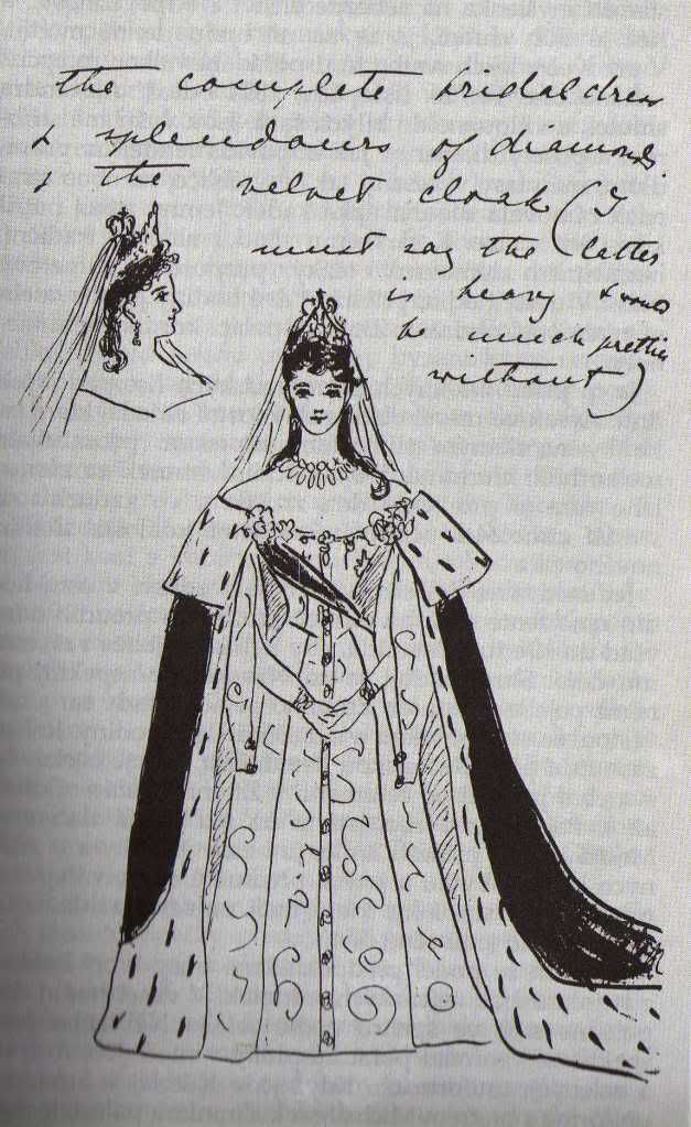 Alexandra s wedding dress drawn by Grand Duchess Elizaveta Fyodorovna in a 