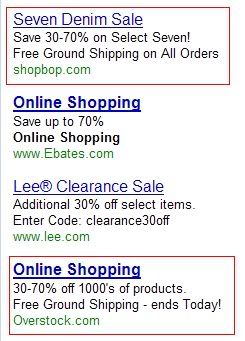 Search engine marketing ads for the keyword online shopping. Note the holiday-focused messaging.