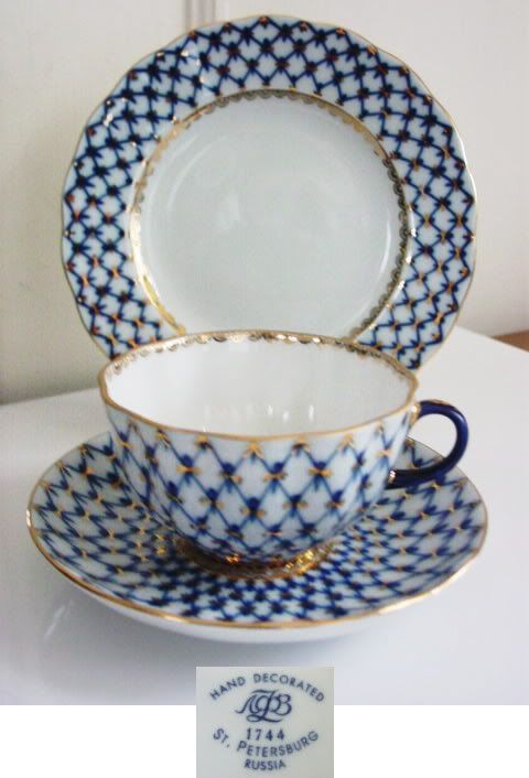 Lomonosov COBALT NET Trio   Cup, Saucer, Plate   Mint  