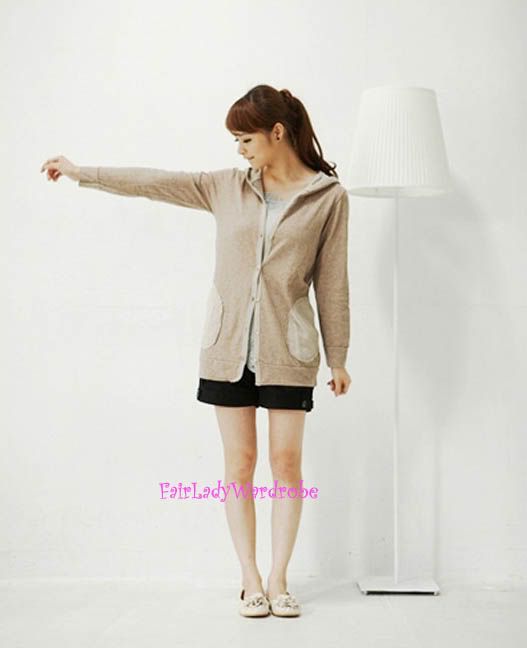 Japan Patch Pocket Hooded Tunic Knit Cardigan Brown  