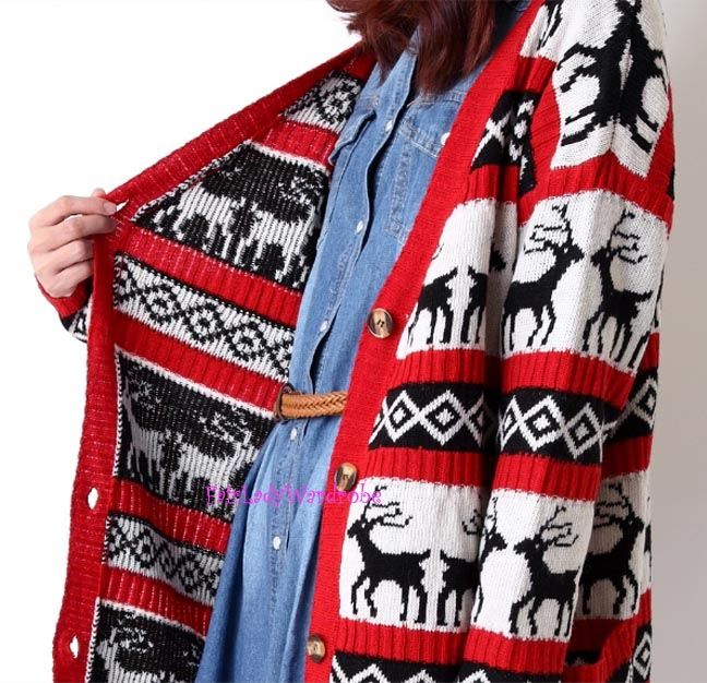 Japan Intarsia Holiday Reindeer Pocket Long Cardigan Red  