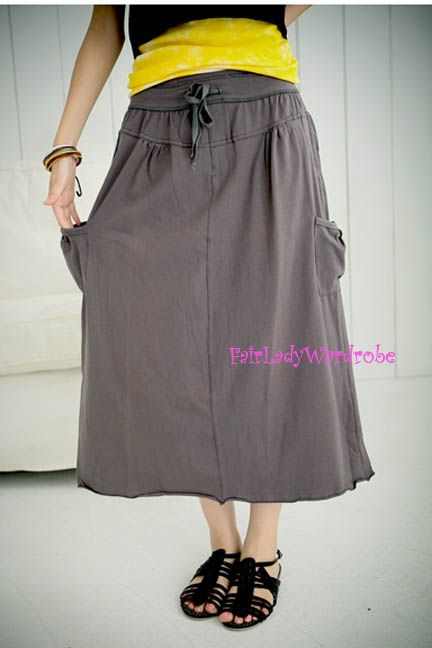 Japan Drawstring Pocket Washed Long Cotton Skirt  