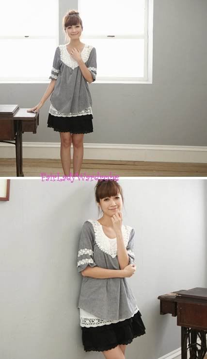 Japan Crochet Lace Patchwork Dolly Shirt Light Gray  